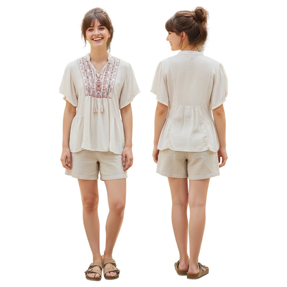 Raya Sun Women Cream Linen Blend Embroidered‎ Boho Babydoll Peasant Top Large